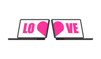 Two laptops with word LOVE, symbolizing online dating, digital romance, and virtual relationships.