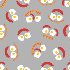 Seamless breakfast pattern with smiling faces made from fried eggs, bacon strips, and sausage. Perfect for textiles, kitchen decor, packaging, and cheerful food-themed designs.