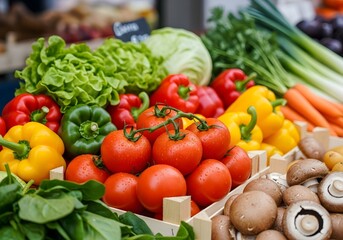 Fresh assortment of colorful vegetables at a market stall