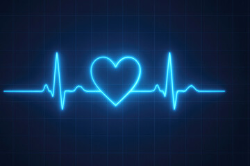 Bright blue neon heartbeat line forming a heart shape on a dark grid electrocardiogram