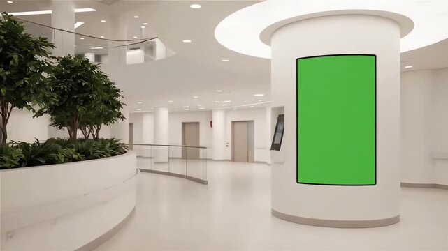 Modern business interior with a large blank vertical green screen display mockup for an advertising concept.