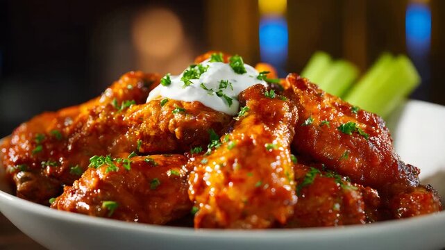 Ultra HD Closeup of a bowl of buffalo chicken wings with a creamy ranch dip and celery sticks, Buffalo wings video, a classic and flavorful appetizer perfect for sharing at a restaurant or party