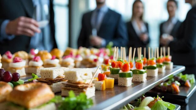 Elegant Catering Table with Canapes Sandwiches and Skewers at Business Networking Event