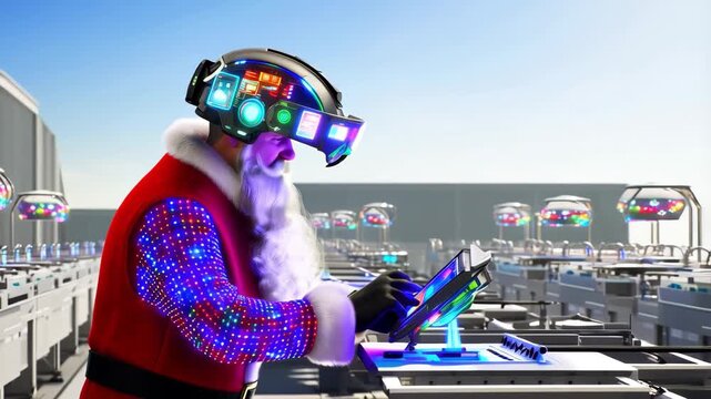 santa wearing vr headset operates drones. futuristic santa controls aerial fleet in digital environment. holiday tech with immersive experience. high-tech santa in virtual reality. Christmas concept