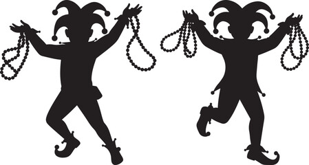 Two jester silhouettes dancing and holding mardi gras beads silhouette