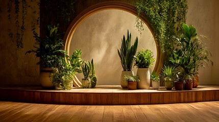 Obraz premium Indoor plant arrangement on a wooden stage with a round backdrop, creating a minimal and natural botanical scene for home decoration