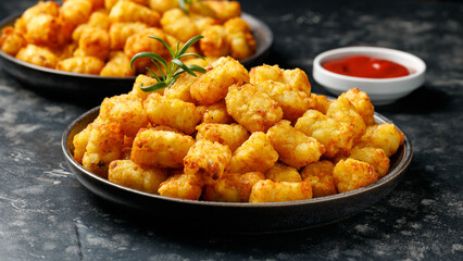 Homemade Baked Fried Tater tots Potatoes with Ketchup