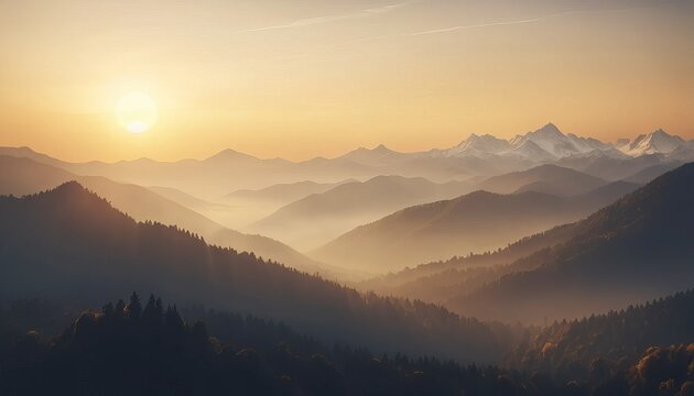 Golden Sunrise Over Misty Mountains – Soft Warm Light Minimal Landscape in 8K Ultra HD (16:9 Wallpaper)