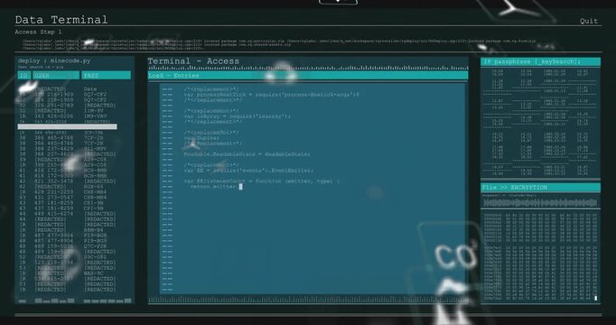 Cursor appearing and deploying code in central panel, panels marking passes and icons drifting
