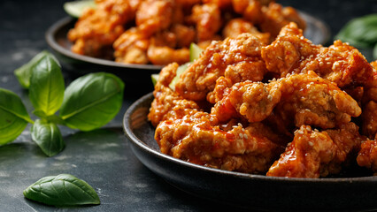 Korean fried chicken with spicy sauce and sesame seeds