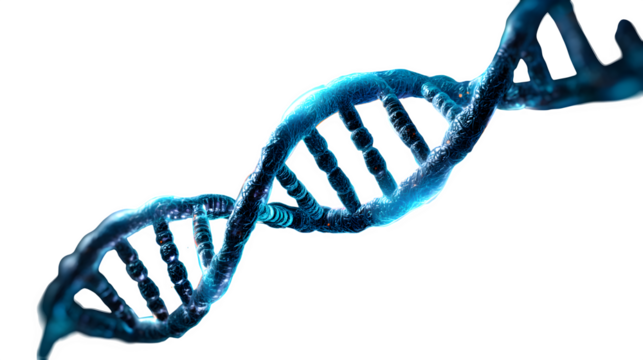 Captivating 3D representation of a glowing blue DNA helix structure, symbolizing genetics, science, and innovation. Isolated to Transparent Background