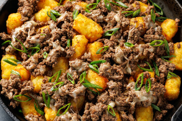 Loaded Tater tots Potatoes with beef and cheese. Fast food.