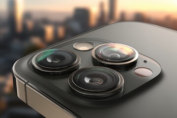 Close-up of modern smartphone camera lenses showcasing advanced technology, capturing a cityscape backdrop in soft focus, emphasizing the phone's photographic capabilities.