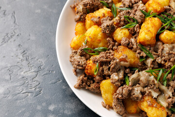 Loaded Tater tots Potatoes with beef and cheese. Fast food.