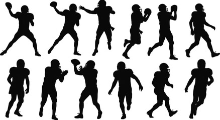 American football player silhouettes, black vector illustration, sports action poses, football helmet, athletic movement, team game, football throw, run, catch.