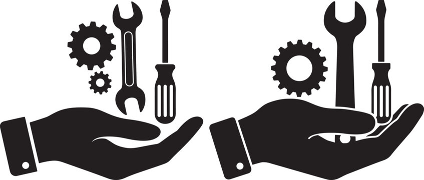 Two hands holding tools and gears in a black silhouette style