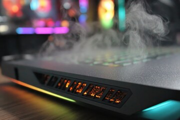 A high-performance gaming laptop with visible cooling system and smoke effect, showcasing advanced technology and design for immersive gameplay experience, with colorful bokeh.
