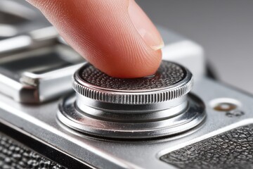 Close-up of a finger pressing the shutter button on a classic vintage film camera, capturing a moment in time with a nostalgic feel and intricate mechanical details.
