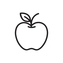 Simple apple fruit line icon with leaf; Minimalist black and white vector illustration of a whole apple, perfect for use as a pictogram, symbol, or design element for topics like health, food.