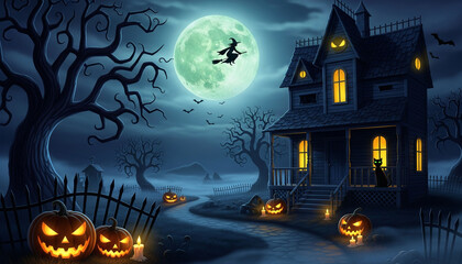 A witch flies across a full moon over a haunted house with jack-o'-lanterns leading up the path.

