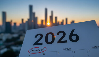 A calendar page showing January 1st, 2026 is in the foreground, with a blurred cityscape and sunrise in the background.

