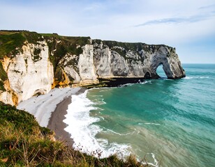 Coastal cliffs, archway, and beach