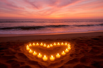 Heart Shape Made Of Candles On Beach Sand At Sunset With Ocean Waves image photo