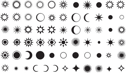 Extensive Collection of Celestial Symbols: Suns, Moons, Stars, and Cosmic Shapes