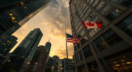 Skyscrapers and flags against a dramatic sunset sky in a city