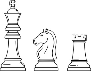 Chess piece icons set. Board game. Line set of chess vector icon for web design isolated on white background. King, queen, bishop, pawn, horse, knight, rook. Vector Illustration.