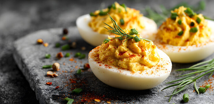 Deviled eggs on abstract surface for National Deviled Egg Day