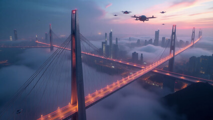 Suspended luminescent bridges — ideal for futuristic settings, innovative infrastructure projects, or high-tech night city visions.