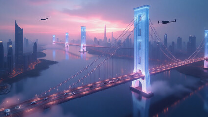 Suspended luminescent bridges — ideal for futuristic settings, innovative infrastructure projects, or high-tech night city visions.