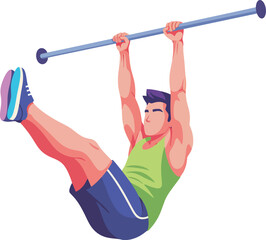 A man performing a hanging leg raise exercise on a pull-up bar, strengthening core muscles.