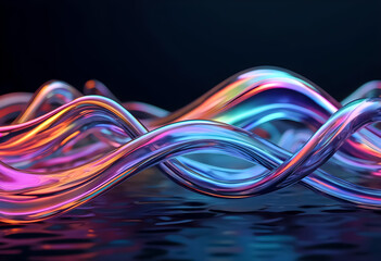Colorful abstract waves create a stunning visual display in a dark, reflective environment with vibrant neon hues