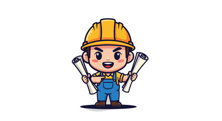 Cute builder character holding blueprints, professional construction worker cartoon VECTOR illustration.