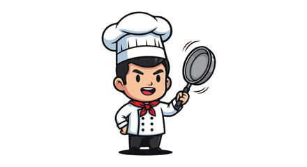 Cute cartoon koki chef character holding a frying pan, a professional restaurant cooking mascot vector illustration.