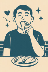 Vintage style Illustration of a boy eating a taco