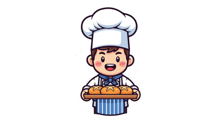 Happy cartoon chef character holding a tray of fresh bread, professional baker mascot VECTOR illustration.