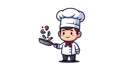 Cute cartoon chef tossing food in a frying pan, adorable Koki character mascot VECTOR illustration on a white background.