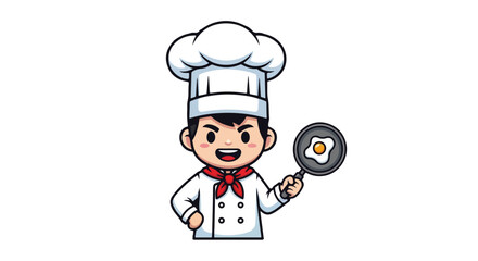 A joyful VECTOR illustration of a cartoon chef in a hat, holding a pan with a fried egg, perfect for culinary, food service, and cooking related designs.