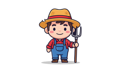 Vector Illustration of a Smiling Farmer with Pitchfork in Overalls and Straw Hat