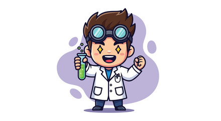 Adorable Young Scientist VECTOR Illustration Enthusiastic Professor Character with Test Tube Discovering Chemistry and Innovation