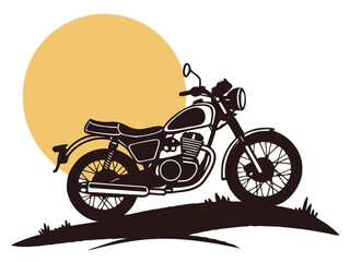 Obraz premium Silhouette of an Isolated Motorbike and Sun Background on White Background.