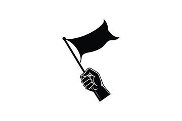 Black and white illustration of a hand holding a flag on a stick in two different positions silhouette