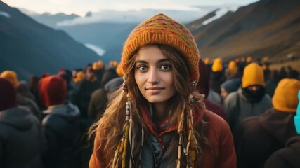 A vibrant gathering of adventurers wearing colorful hats takes place against stunning mountain scenery during sunset. The atmosphere is joyful and adventurous