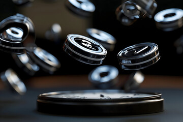Floating numbers and symbols, possibly clock parts, in mid-air, above a clock face.