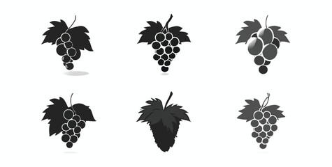 Assorted Grape Bunch Vector Icons Set in Black and White Representing Various Styles of Visual Design on an Isolated White Background