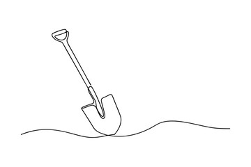 Single line drawing a shovel digging into wavy ground soil earth