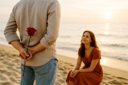 Man Hiding Red Rose Behind His Back On Beach At Sunset For Woman couple - Powered by Adobe